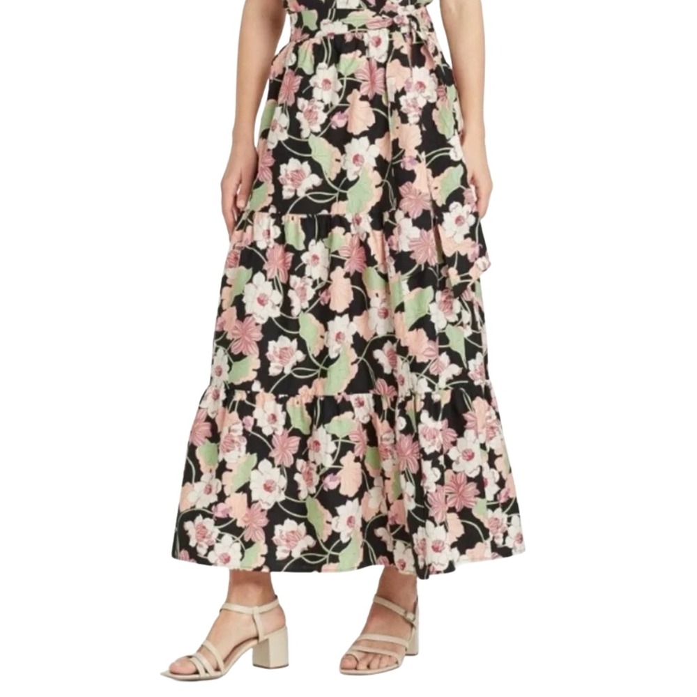 Who What Wear 100% Cotton Black Pink Floral Faux Wrap Maxi Skirt‎ - Sz XL